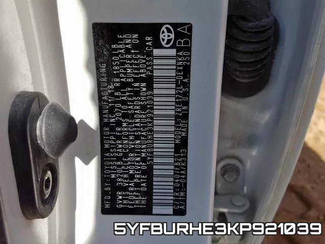 5YFBURHE3KP921039 фото 2