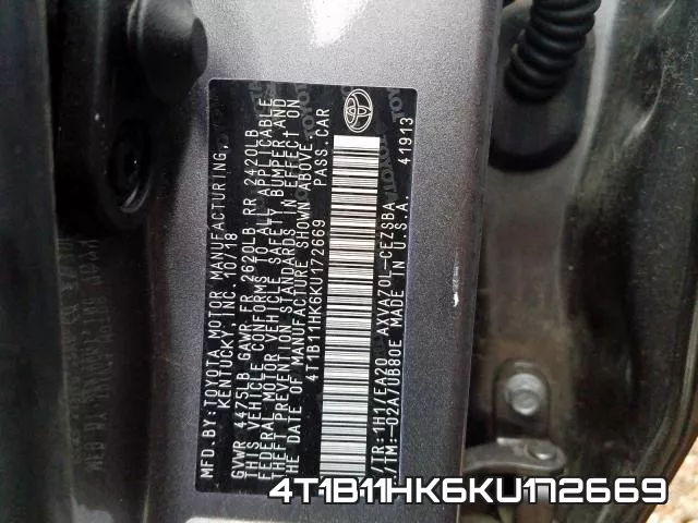 4T1B11HK6KU172669 фото 2