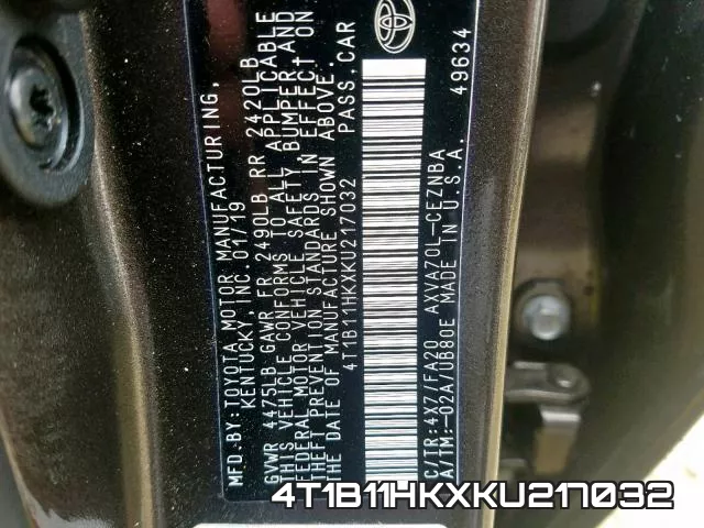4T1B11HKXKU217032 фото 2