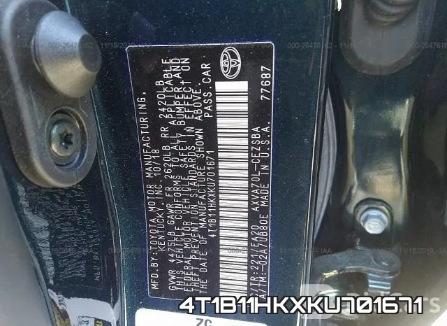 4T1B11HKXKU701671 фото 10