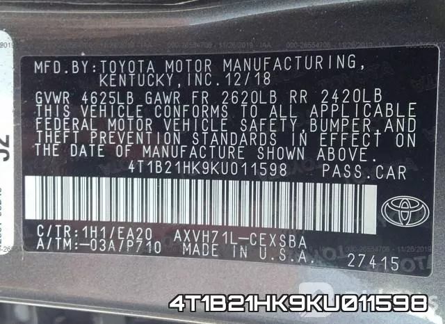 4T1B21HK9KU011598 фото 10