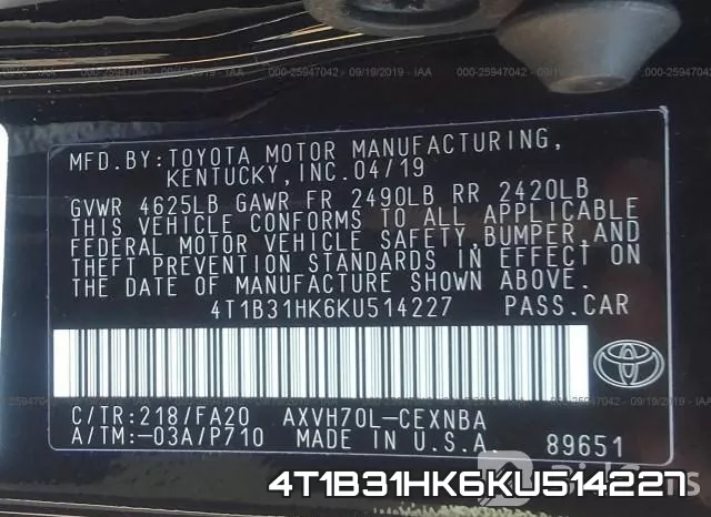 4T1B31HK6KU514227 фото 10