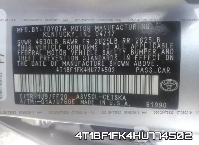 4T1BF1FK4HU774502 фото 9