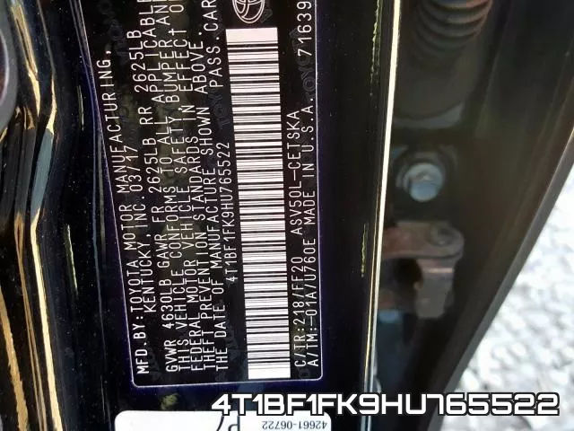 4T1BF1FK9HU765522 фото 2
