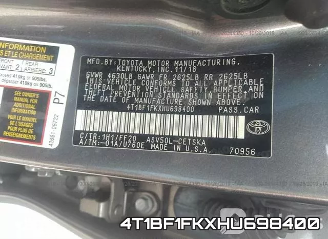 4T1BF1FKXHU698400 фото 10