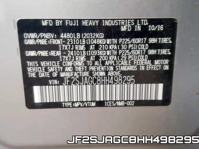 JF2SJAGC8HH498295 фото 2