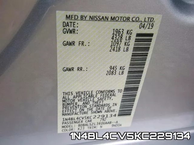 1N4BL4CV5KC229134 фото 2