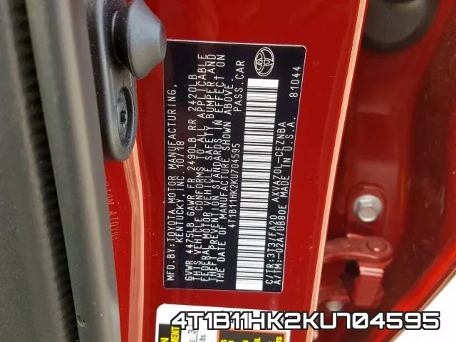 4T1B11HK2KU704595 фото 2