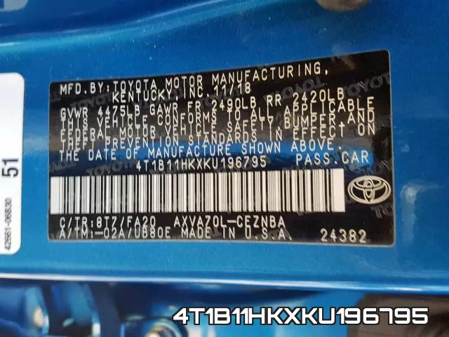 4T1B11HKXKU196795 фото 2