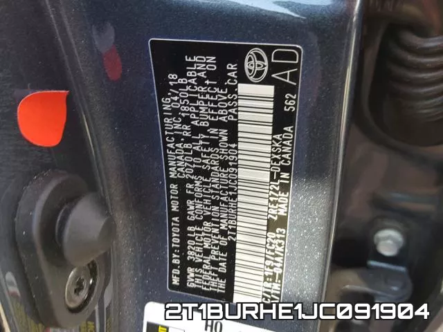 2T1BURHE1JC091904 фото 2