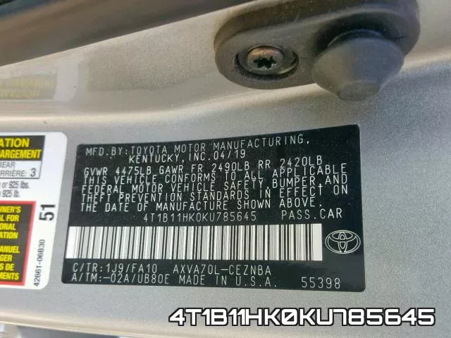 4T1B11HK0KU785645 фото 2