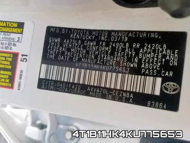 4T1B11HK4KU775653 фото 2