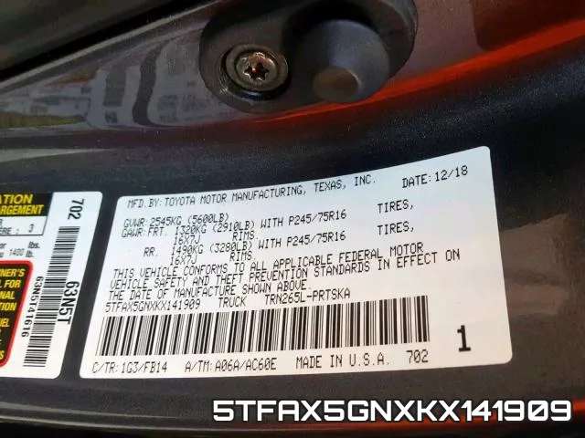 5TFAX5GNXKX141909 фото 2