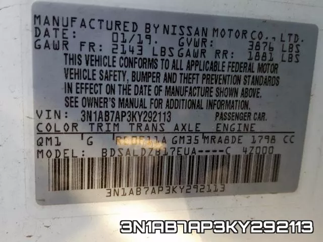 3N1AB7AP3KY292113 фото 2