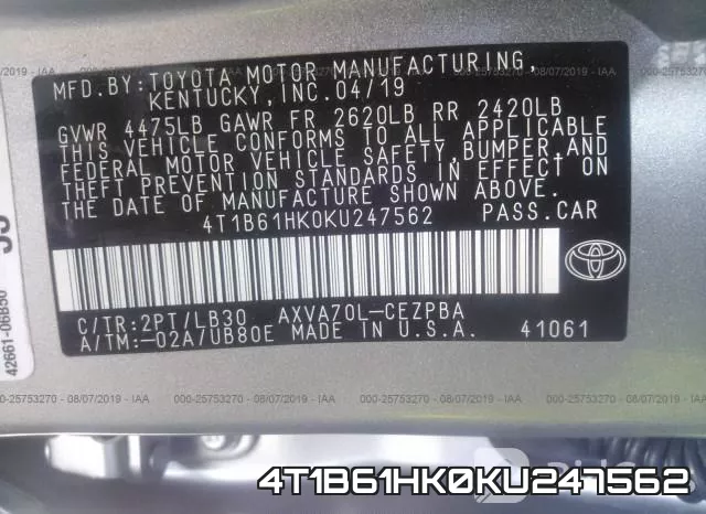 4T1B61HK0KU247562 фото 10