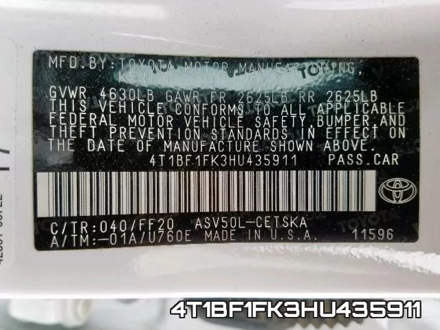 4T1BF1FK3HU435911 фото 2