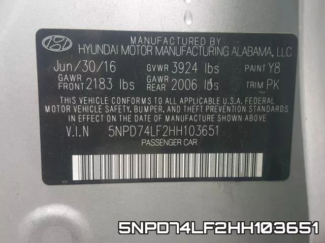 5NPD74LF2HH103651 фото 2