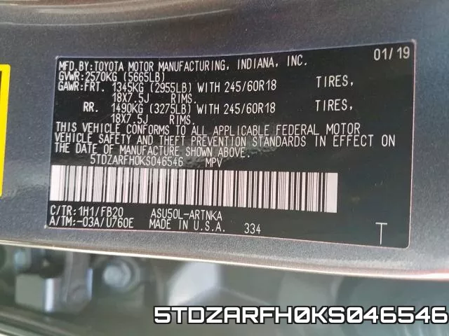 5TDZARFH0KS046546 фото 2
