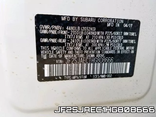 JF2SJAEC1HG808666 фото 2