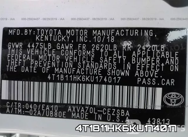 4T1B11HK6KU174017 фото 10