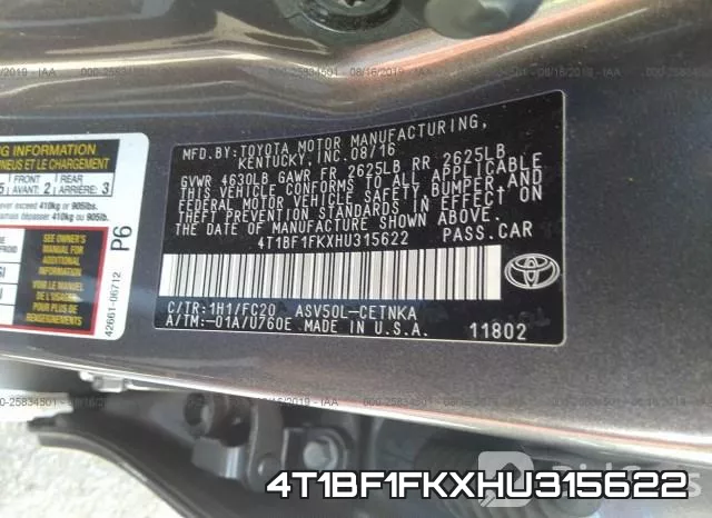 4T1BF1FKXHU315622 фото 10