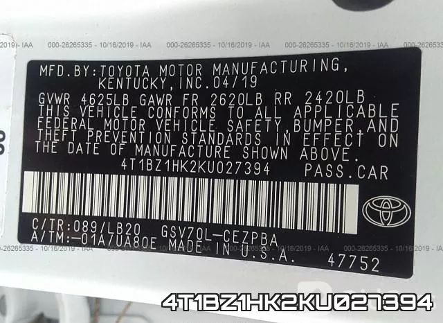 4T1BZ1HK2KU027394 фото 10