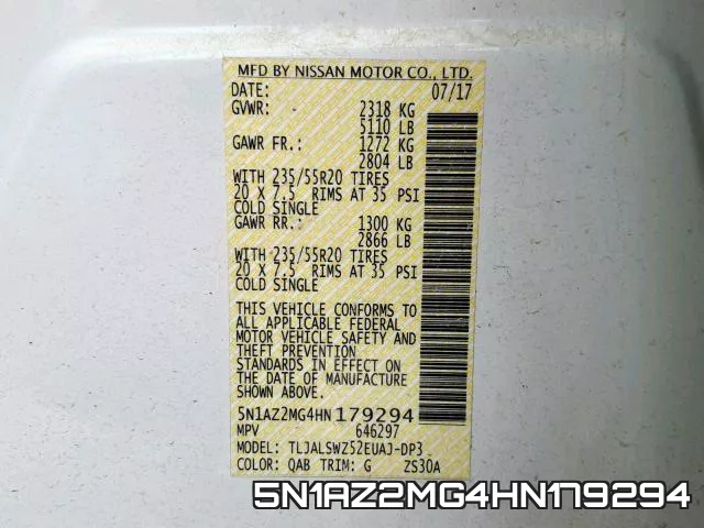 5N1AZ2MG4HN179294 фото 2