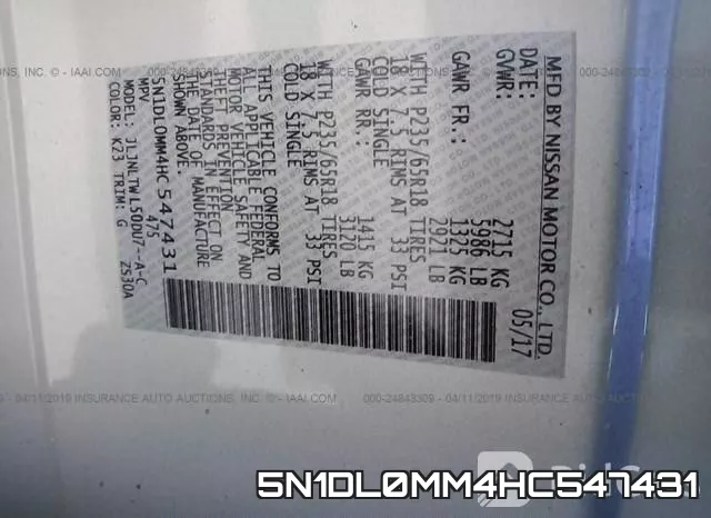 5N1DL0MM4HC547431 фото 9