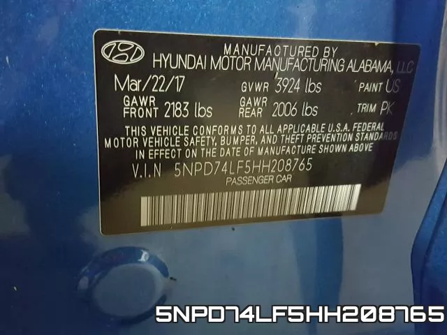 5NPD74LF5HH208765 фото 2