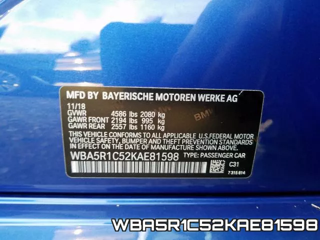 WBA5R1C52KAE81598 фото 2