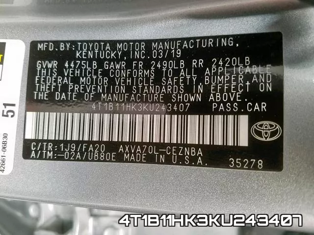 4T1B11HK3KU243407 фото 2