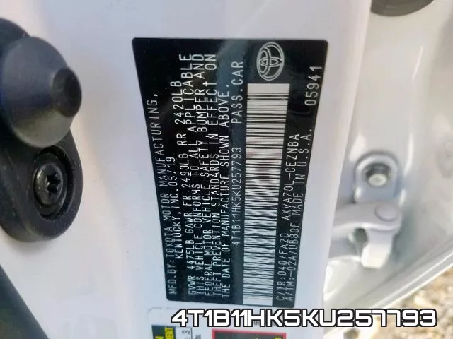 4T1B11HK5KU257793 фото 2