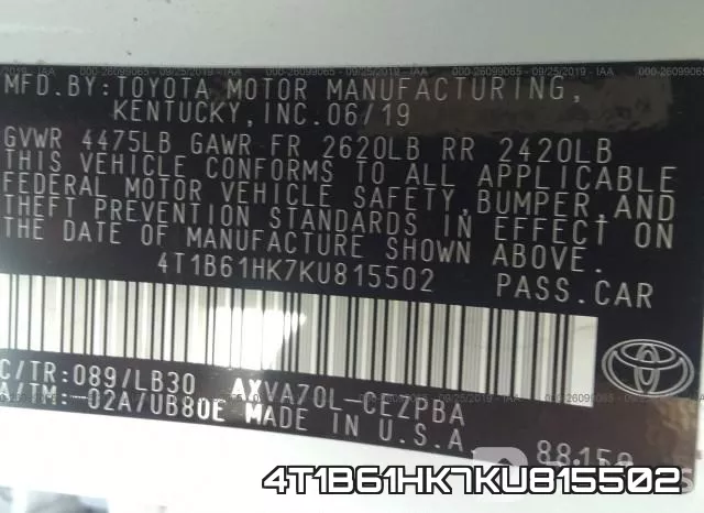4T1B61HK7KU815502 фото 7