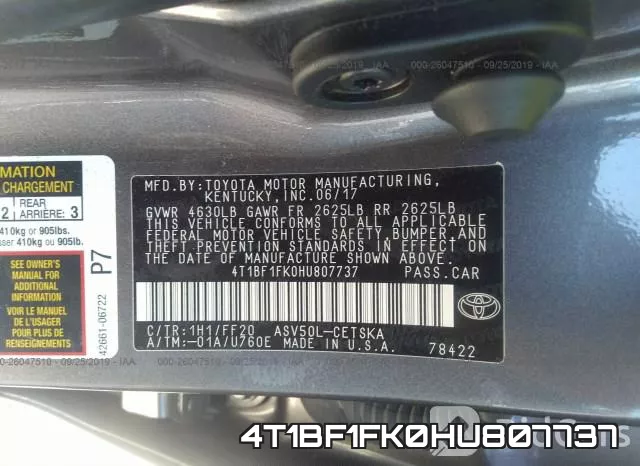 4T1BF1FK0HU807737 фото 10