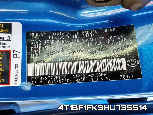 4T1BF1FK3HU735514 фото 2