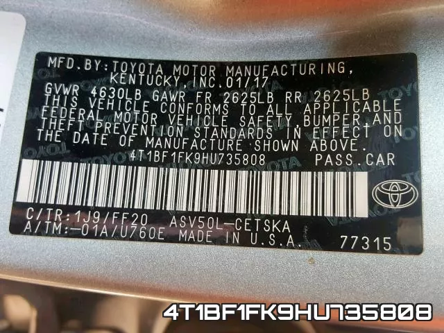 4T1BF1FK9HU735808 фото 2