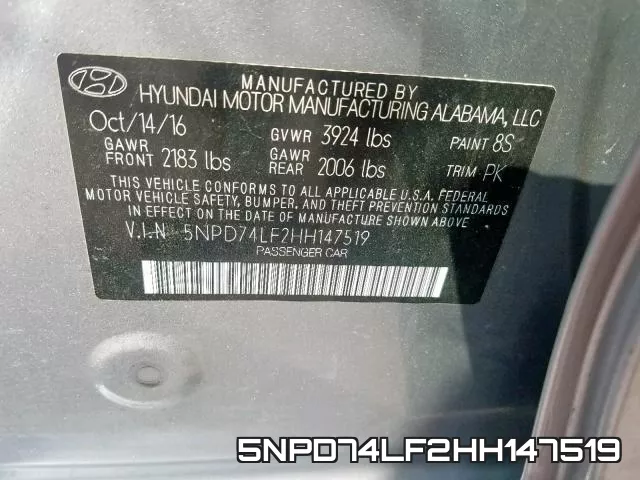 5NPD74LF2HH147519 фото 2