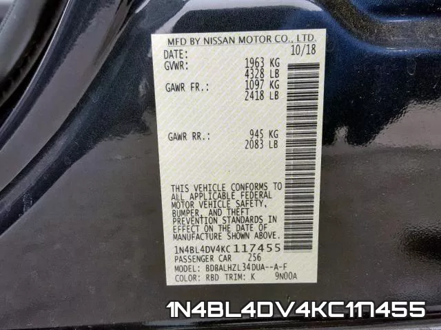 1N4BL4DV4KC117455 фото 2