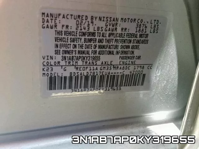 3N1AB7AP0KY319655 фото 2