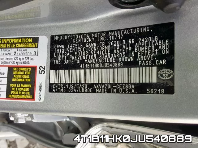 4T1B11HK0JU540889 фото 2
