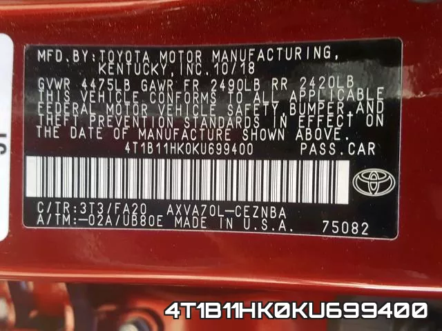 4T1B11HK0KU699400 фото 2