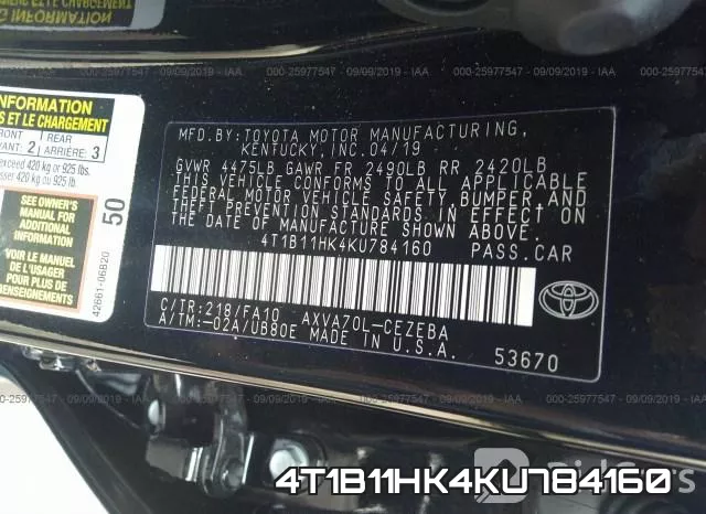 4T1B11HK4KU784160 фото 10