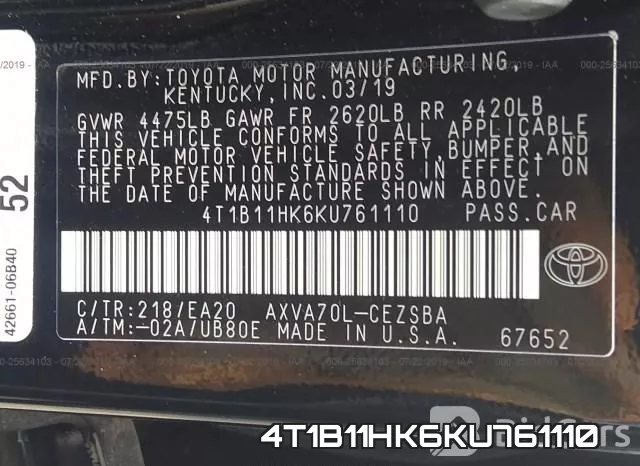 4T1B11HK6KU761110 фото 9