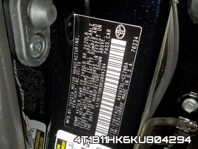 4T1B11HK6KU804294 фото 2