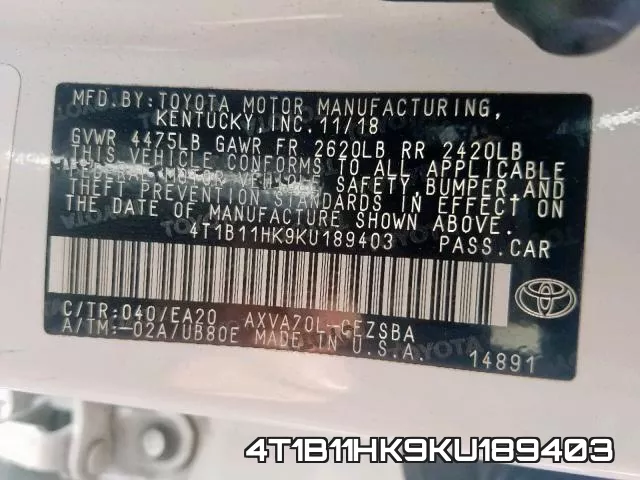 4T1B11HK9KU189403 фото 2