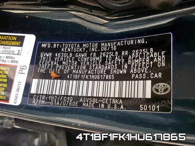 4T1BF1FK1HU617865 фото 2