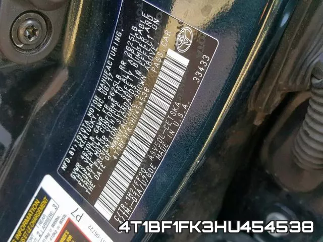 4T1BF1FK3HU454538 фото 2