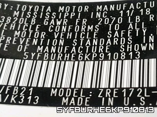 5YFBURHE6KP910813 фото 2
