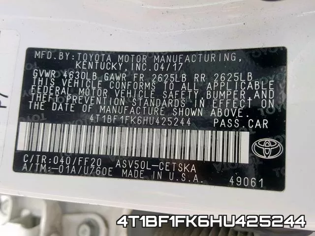 4T1BF1FK6HU425244 фото 2