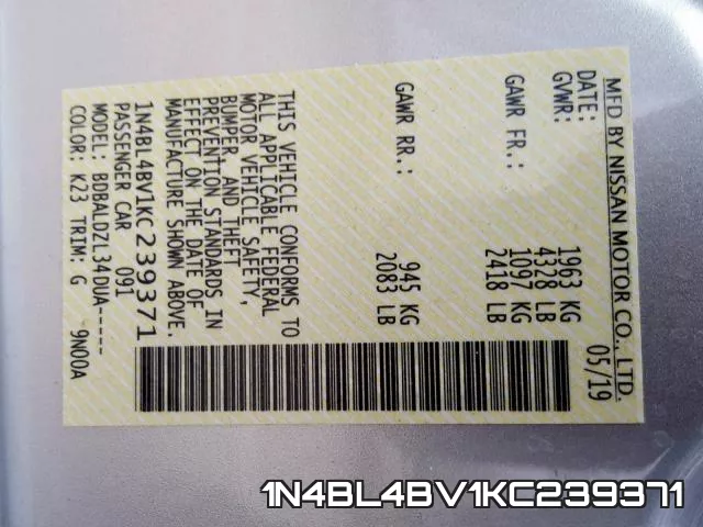 1N4BL4BV1KC239371 фото 2